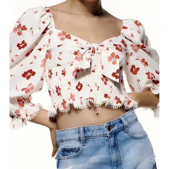 Zara Floral Linen Blend Top Womens Size Small Floral Cropped Boho Peasant‎ - Picture 2 of 10
